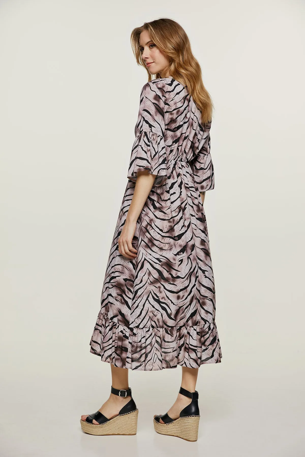 Print Ruffle Detail Midi Dress