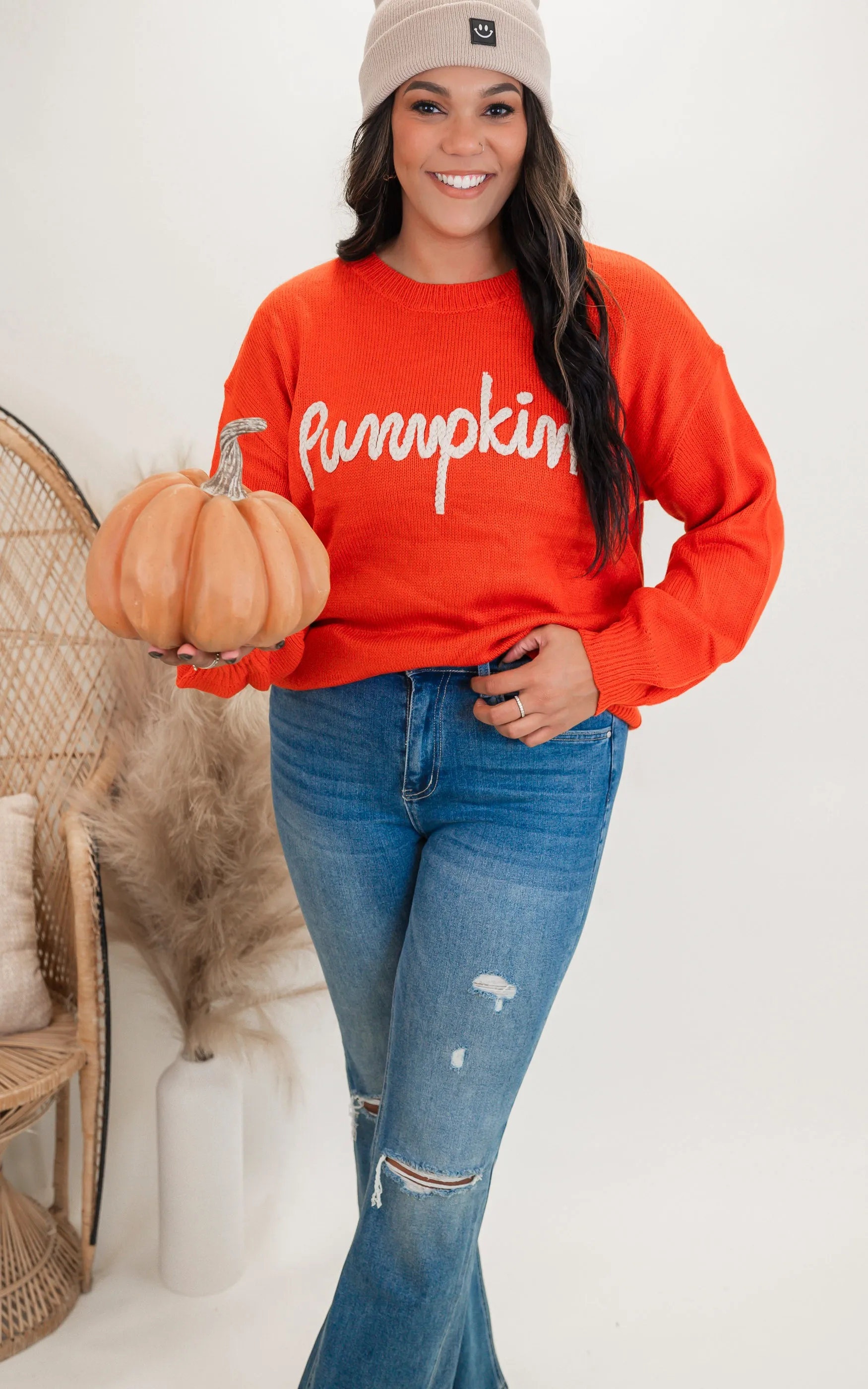 Pumpkin Letter Embosed Sweater Top - Final Sale