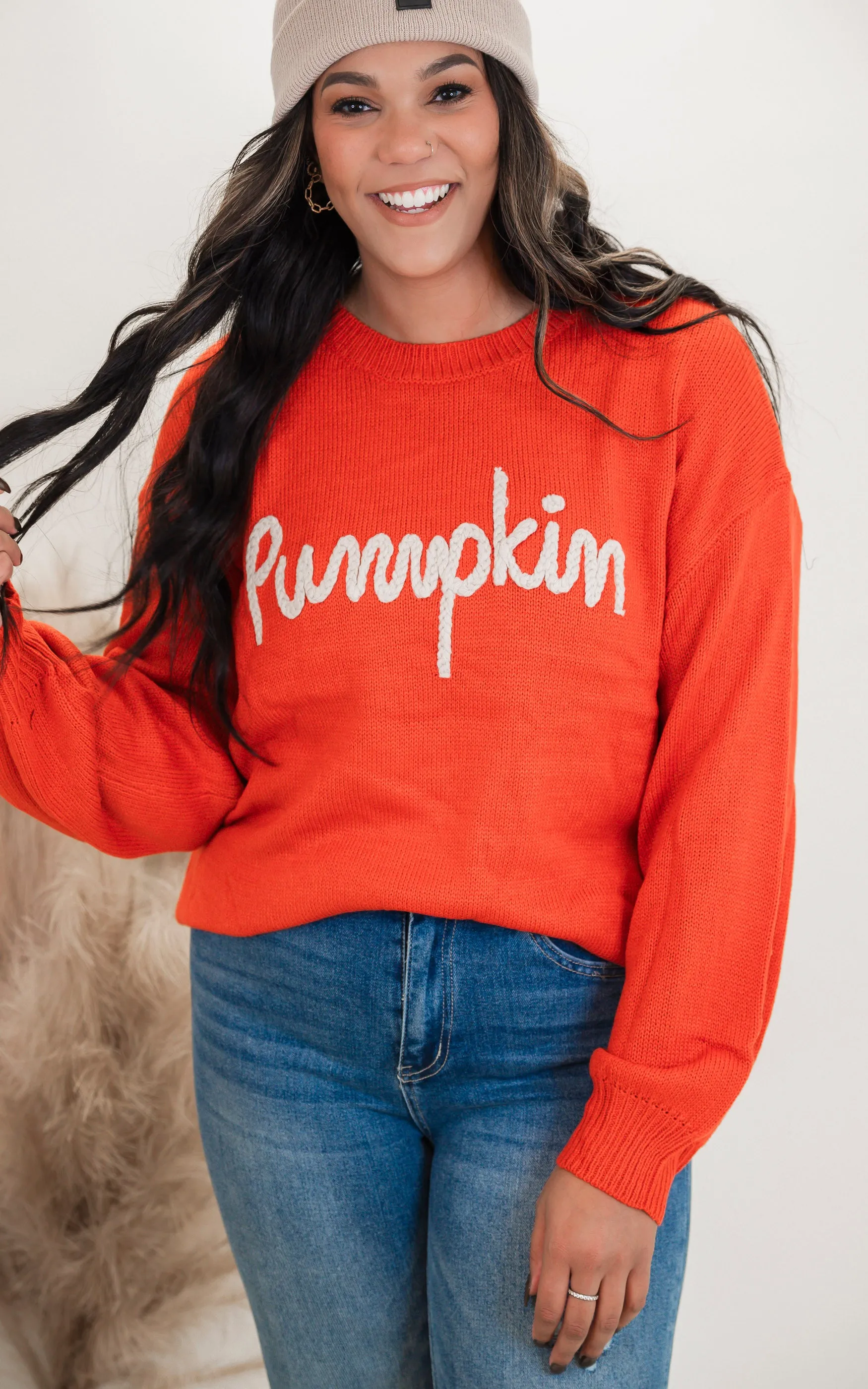 Pumpkin Letter Embosed Sweater Top - Final Sale