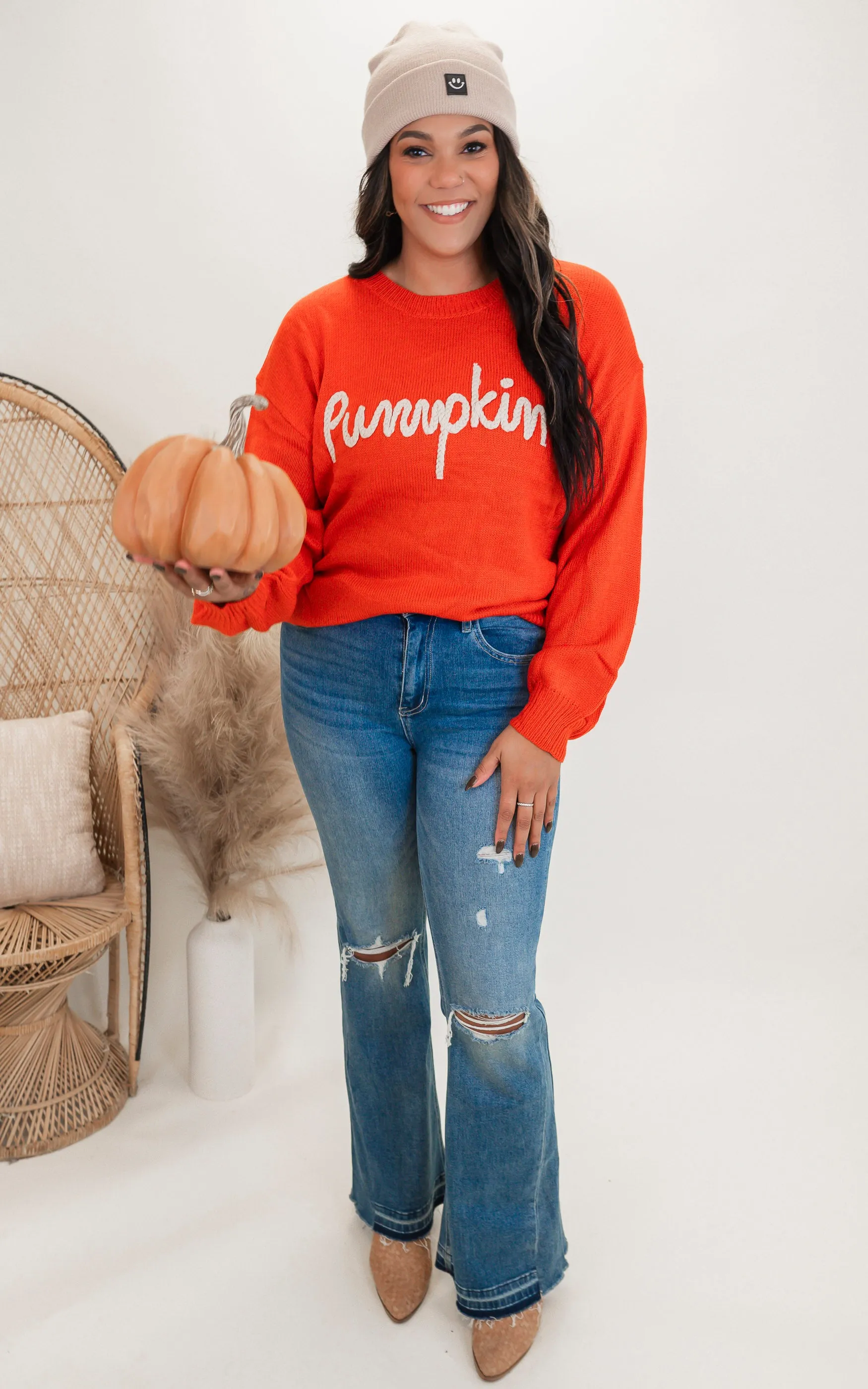 Pumpkin Letter Embosed Sweater Top - Final Sale