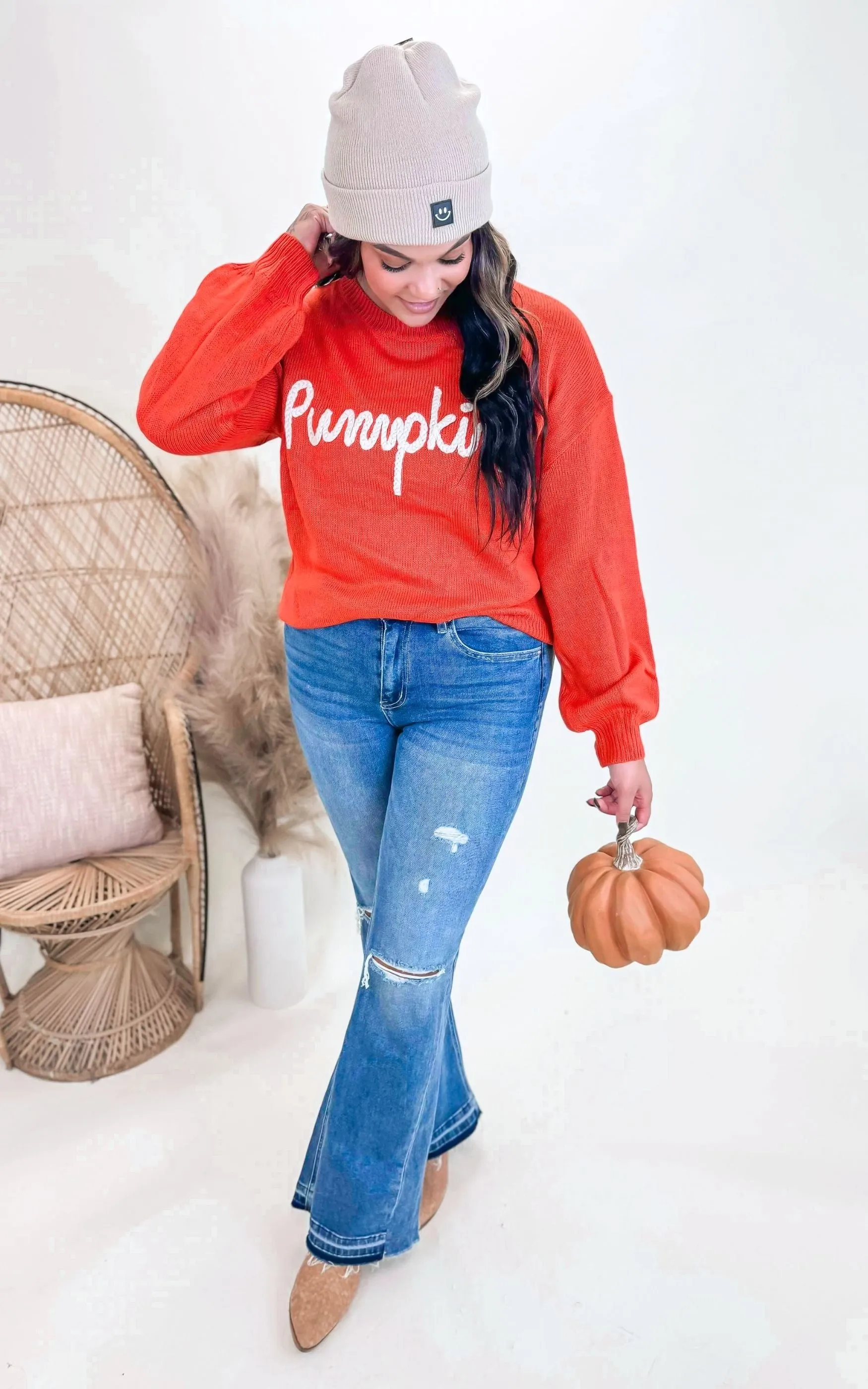 Pumpkin Letter Embosed Sweater Top - Final Sale