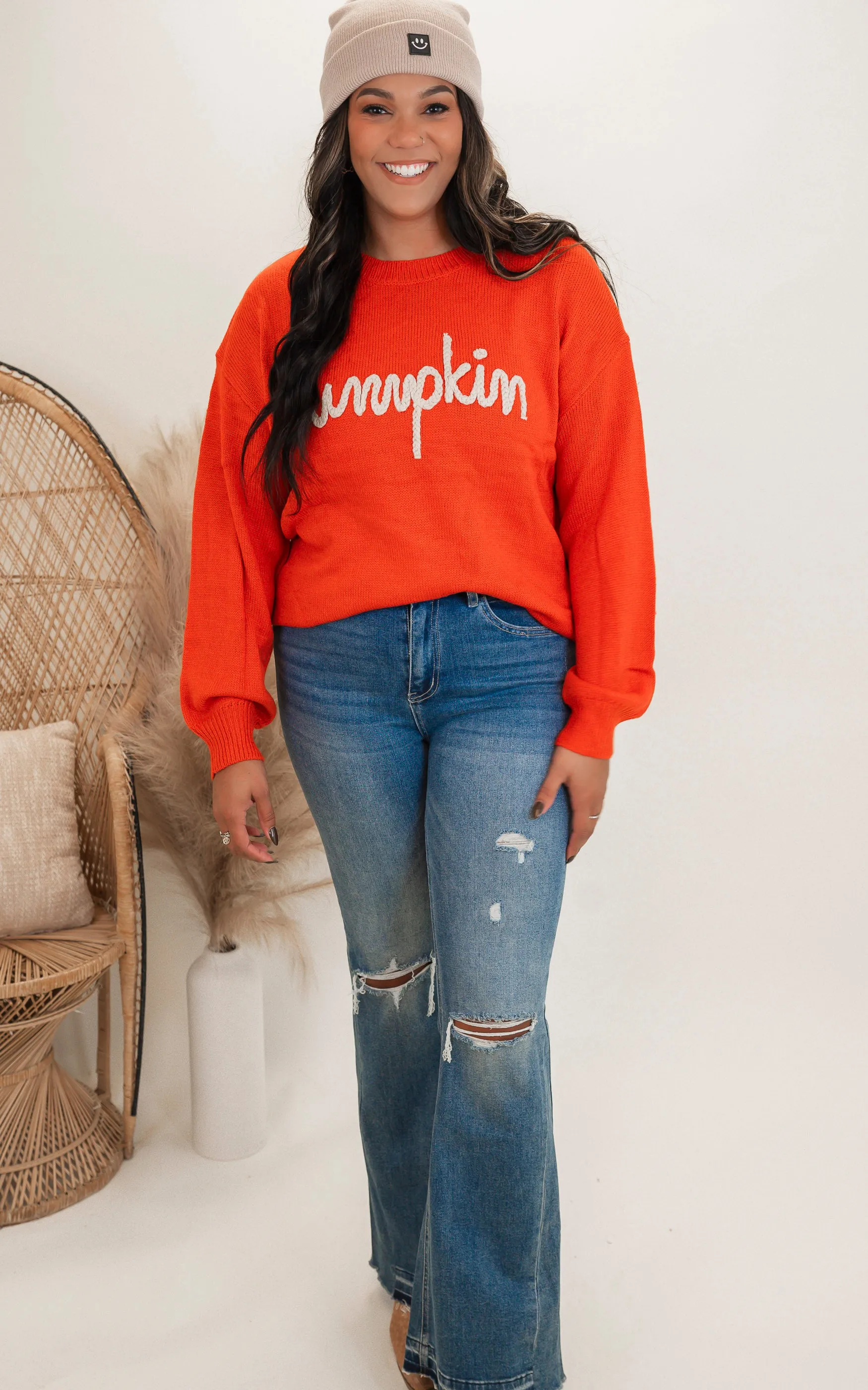 Pumpkin Letter Embosed Sweater Top - Final Sale