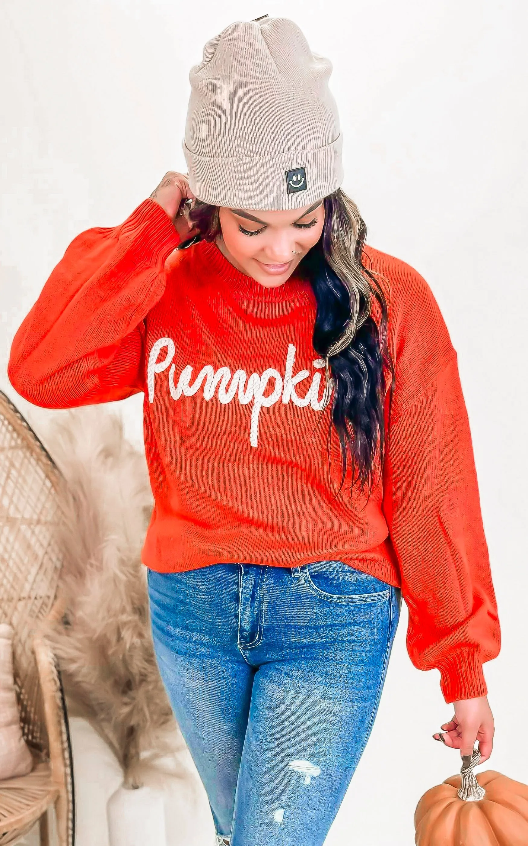 Pumpkin Letter Embosed Sweater Top - Final Sale