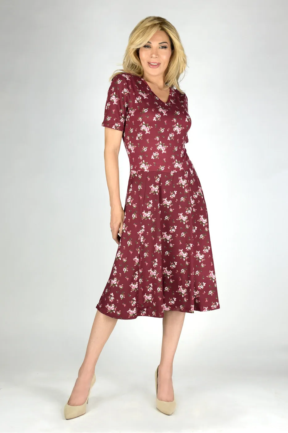 Relaxed Fit V Neck Midi Swing Dress