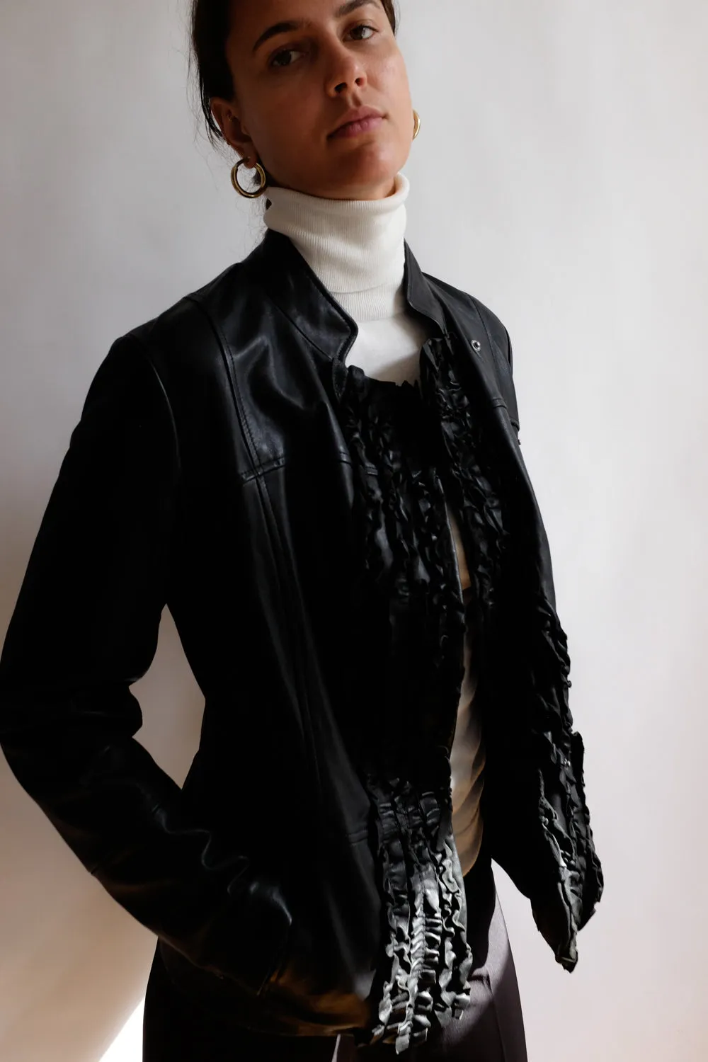 RENÉ LEZARD BLACK VOLANTS LEATHER JACKET