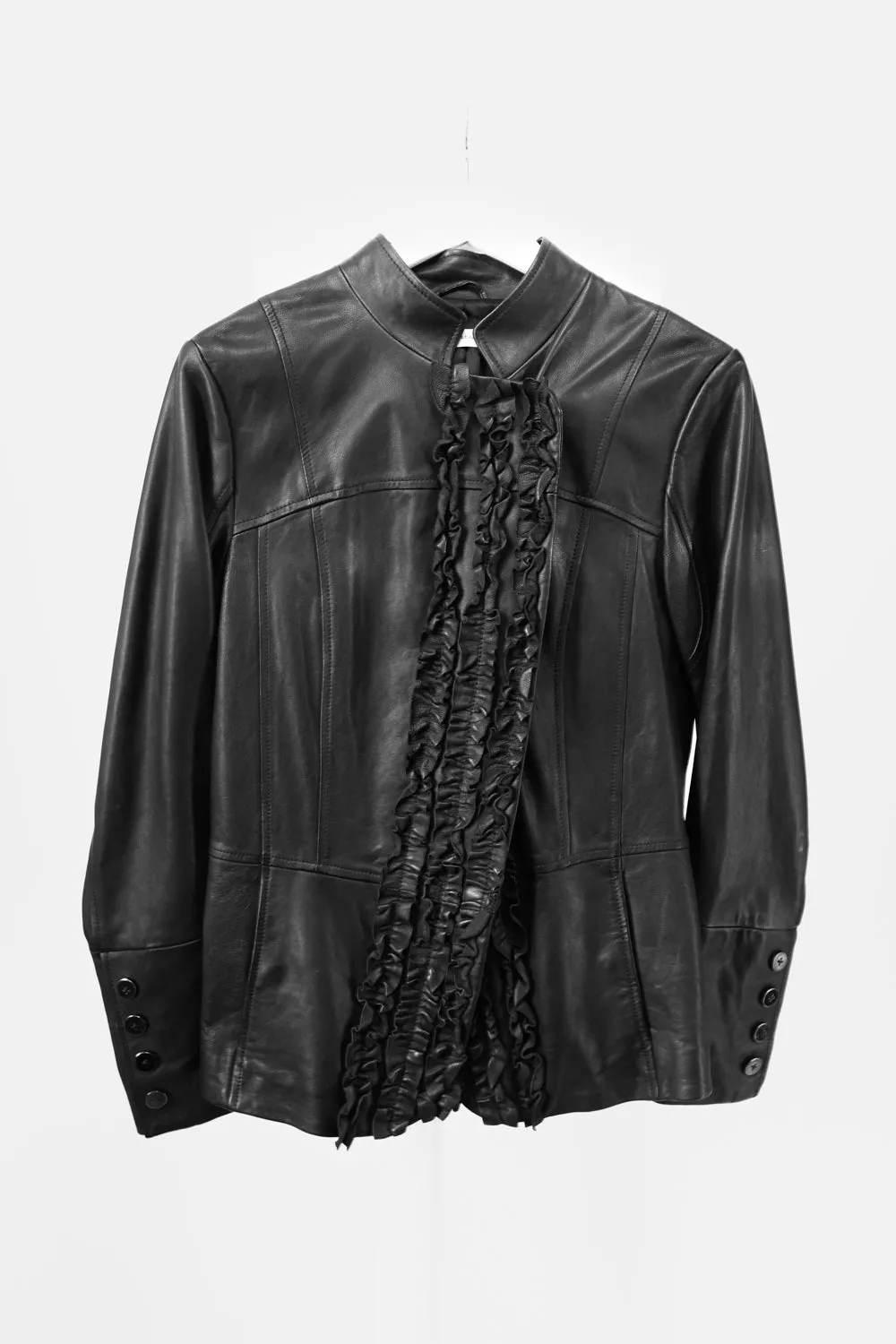 RENÉ LEZARD BLACK VOLANTS LEATHER JACKET