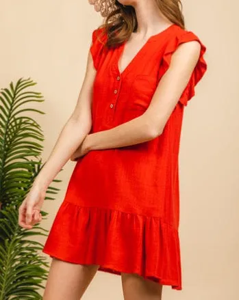 Ruffle Shoulder Linen Look Dress