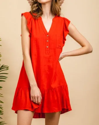 Ruffle Shoulder Linen Look Dress