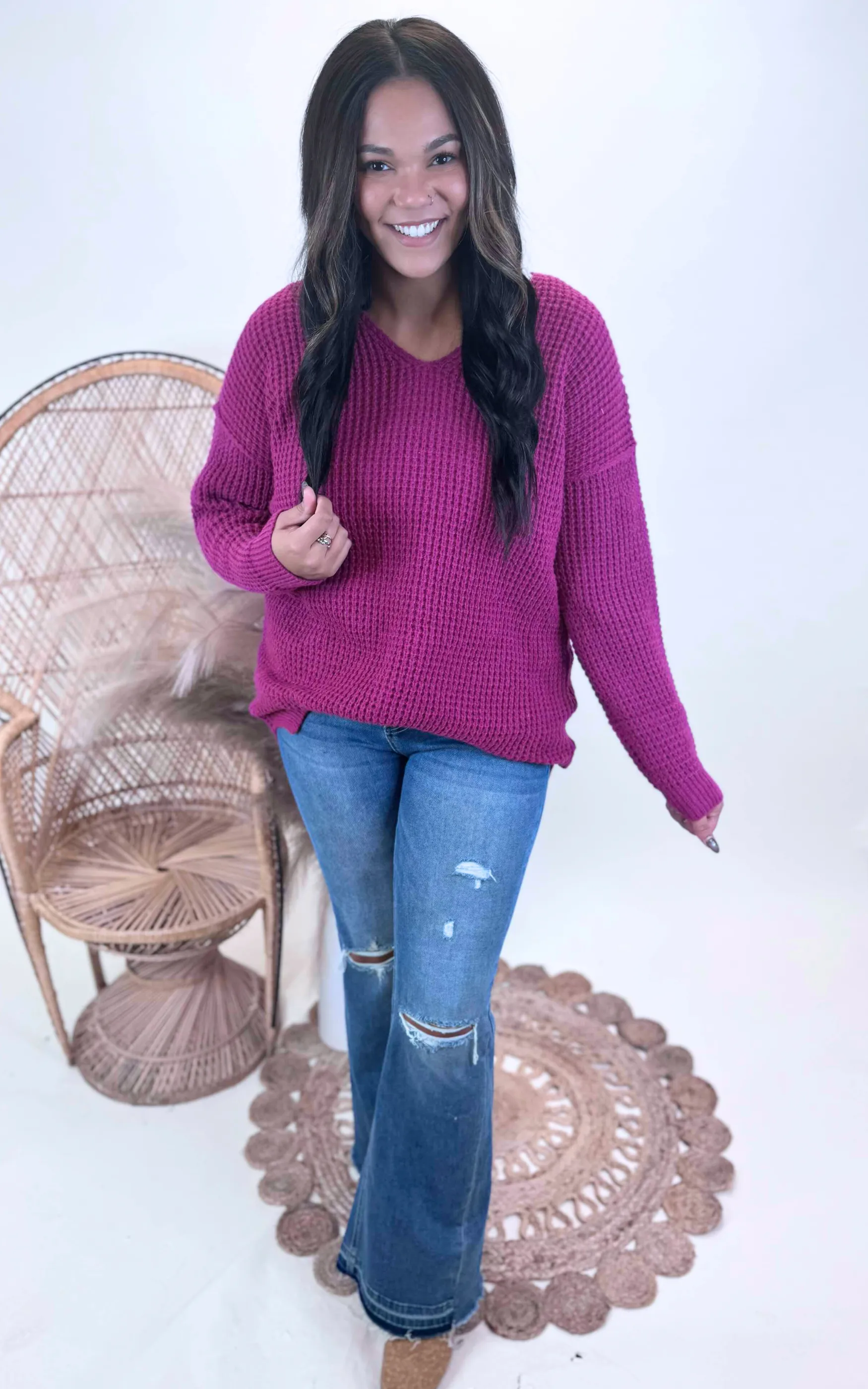 Slouchy V-neck Ribbed Knit Sweater