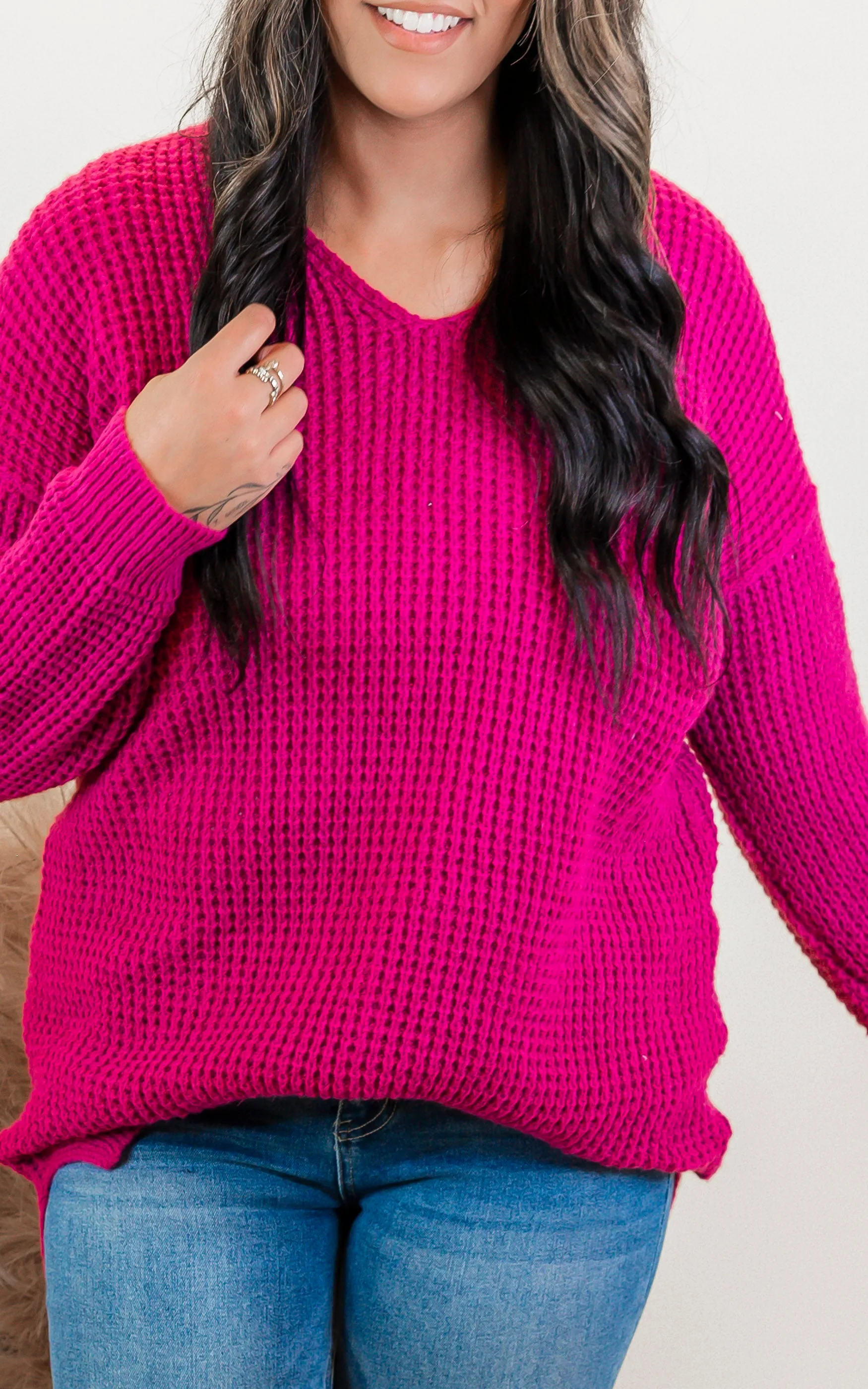 Slouchy V-neck Ribbed Knit Sweater