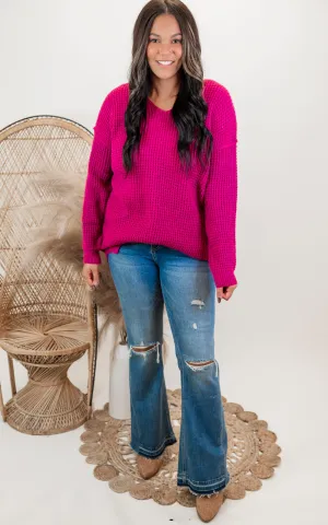 Slouchy V-neck Ribbed Knit Sweater