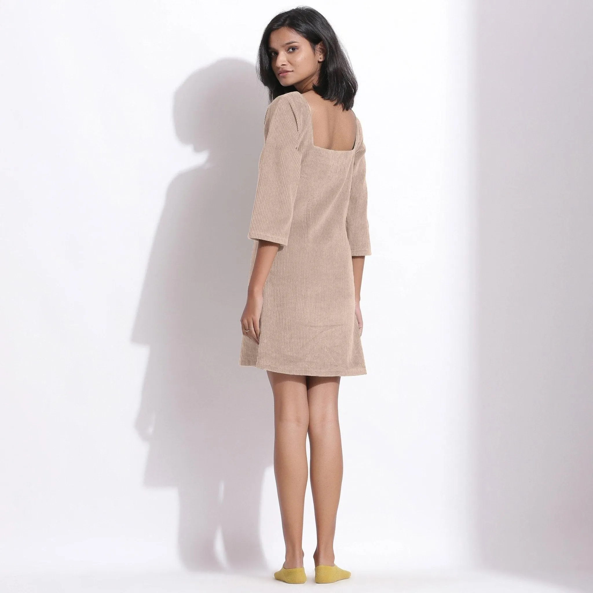 Taupe Beige Warm Cotton Corduroy Short Shift Dress