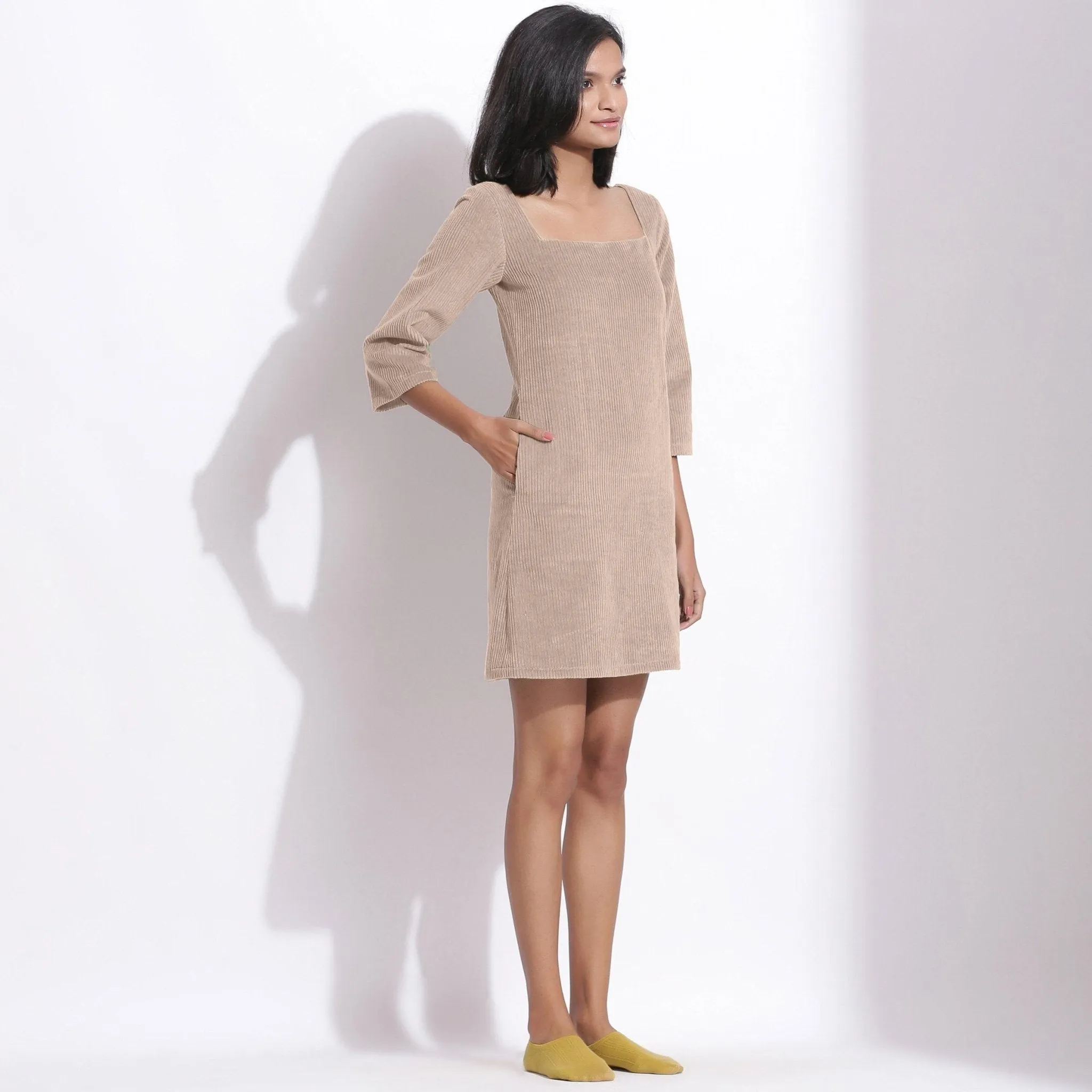 Taupe Beige Warm Cotton Corduroy Short Shift Dress