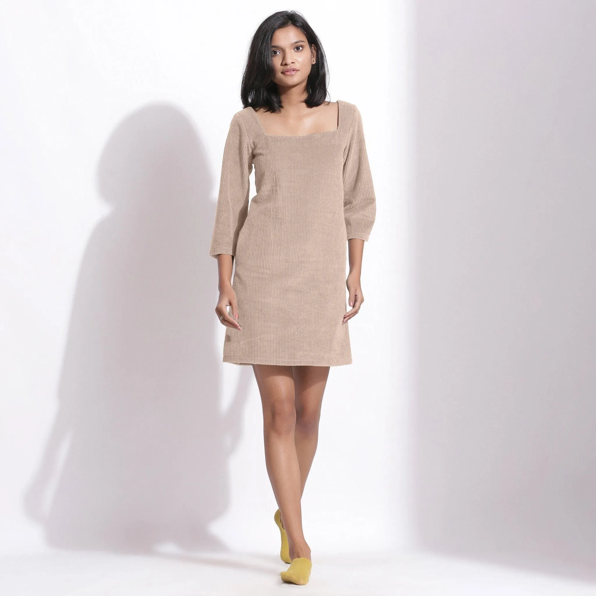 Taupe Beige Warm Cotton Corduroy Short Shift Dress