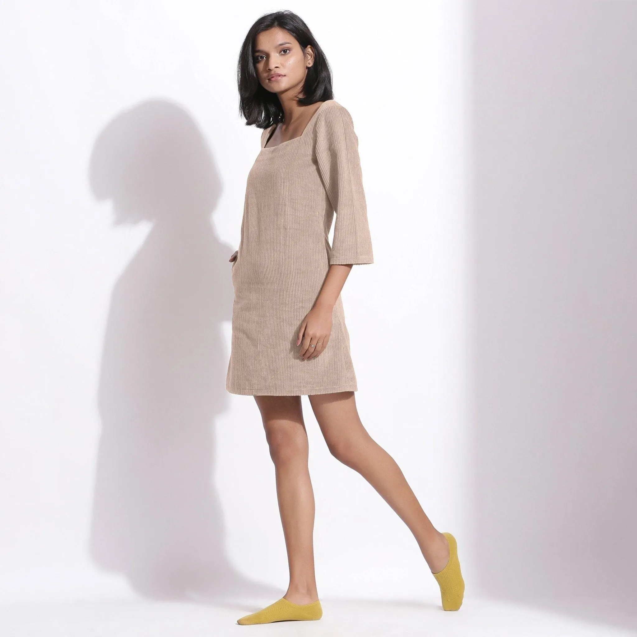 Taupe Beige Warm Cotton Corduroy Short Shift Dress