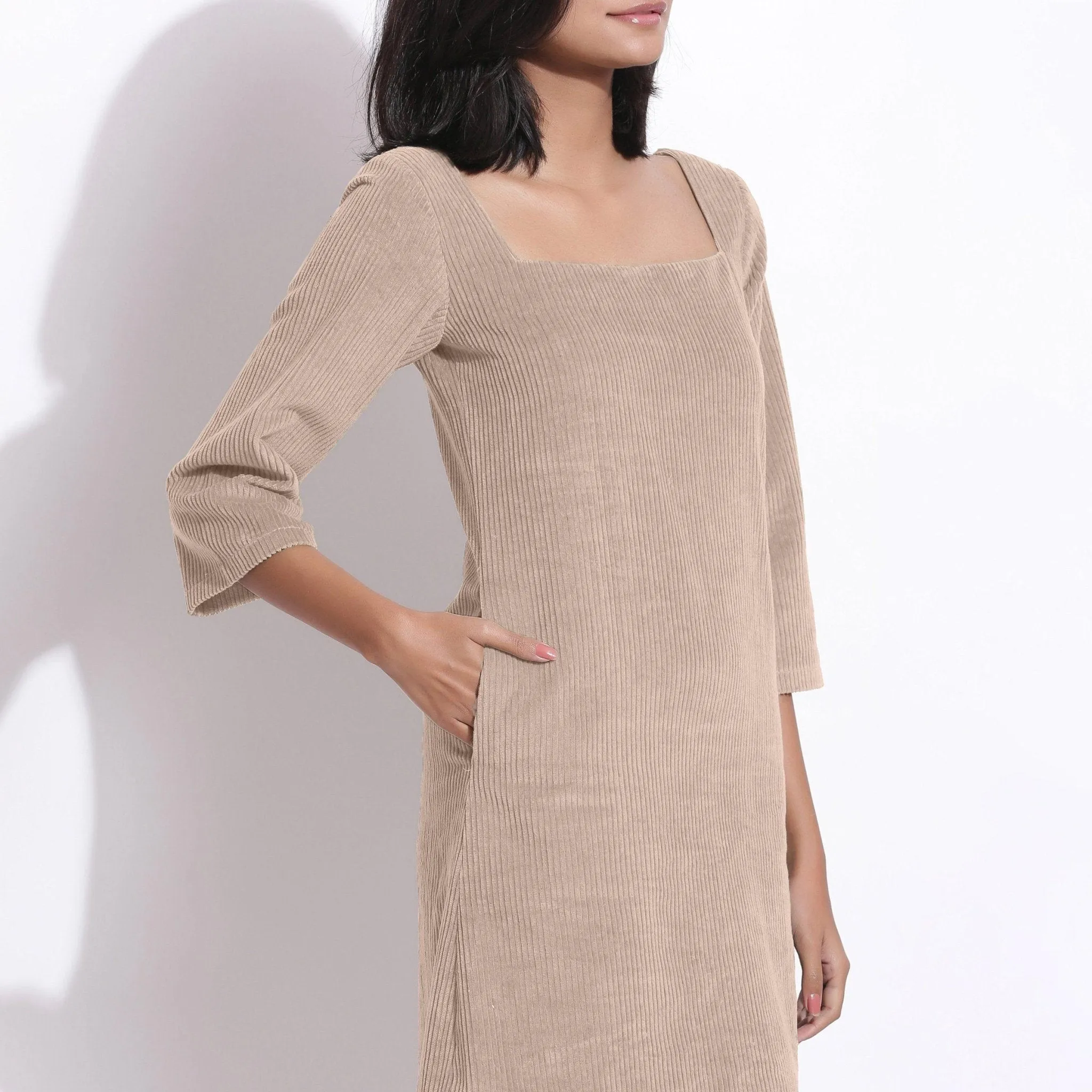 Taupe Beige Warm Cotton Corduroy Short Shift Dress