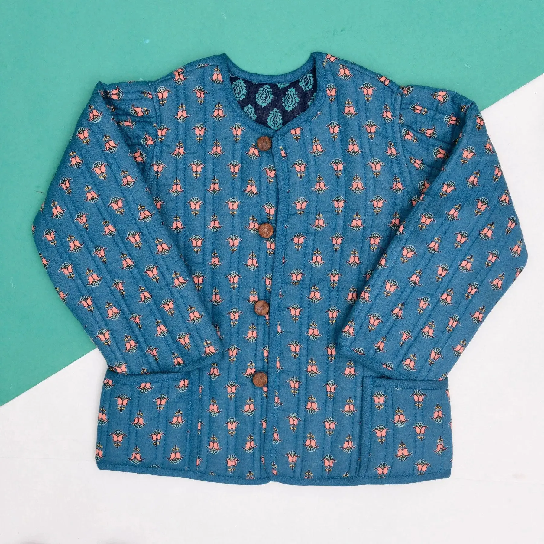 Teal and Blue Quilted 100% Cotton Reversible Full Sleeve Jacket Unisex (0-12 Years)