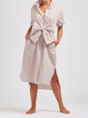 The Annie Relaxed Short Sleeve Shirtdress - Stone White Stripe