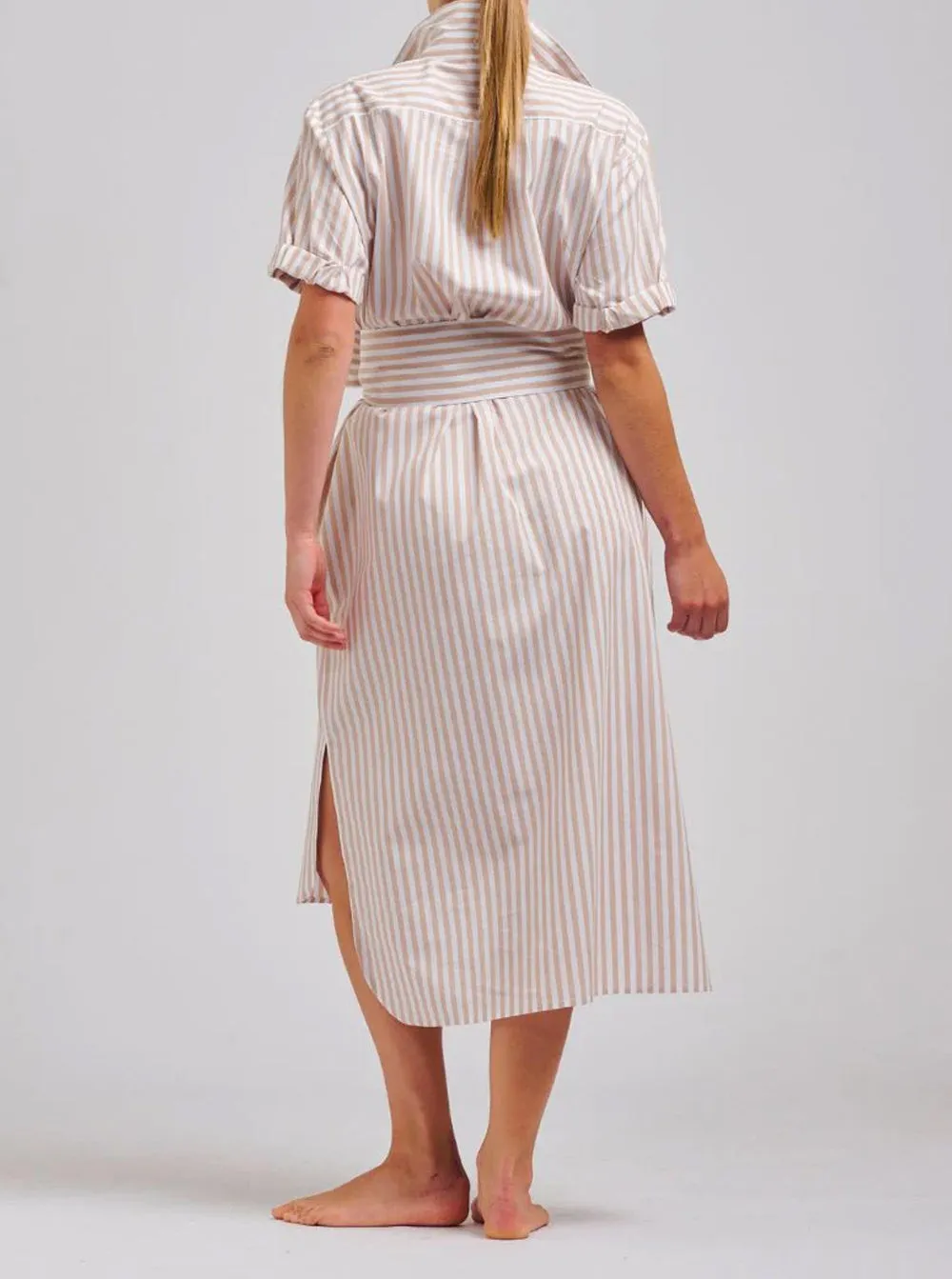 The Annie Relaxed Short Sleeve Shirtdress - Stone White Stripe