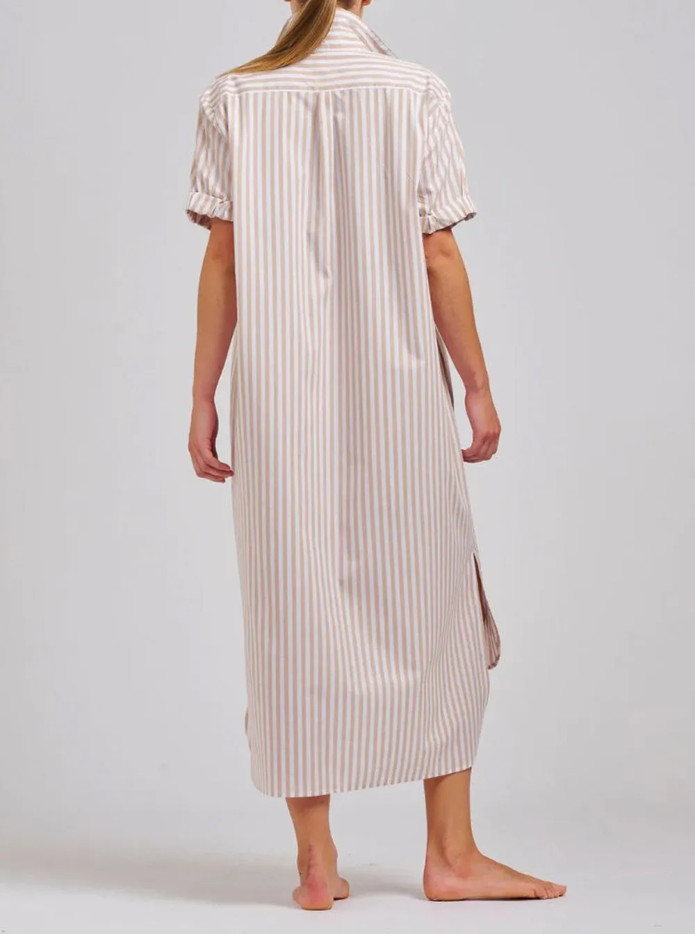 The Annie Relaxed Short Sleeve Shirtdress - Stone White Stripe