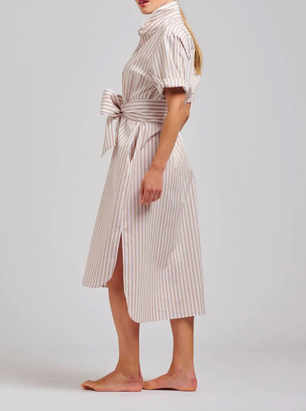 The Annie Relaxed Short Sleeve Shirtdress - Stone White Stripe