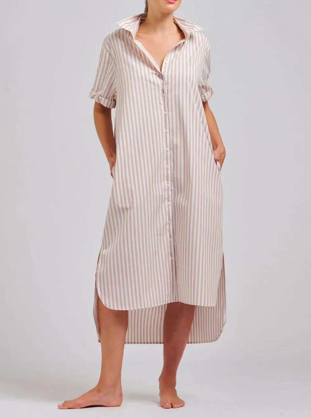 The Annie Relaxed Short Sleeve Shirtdress - Stone White Stripe