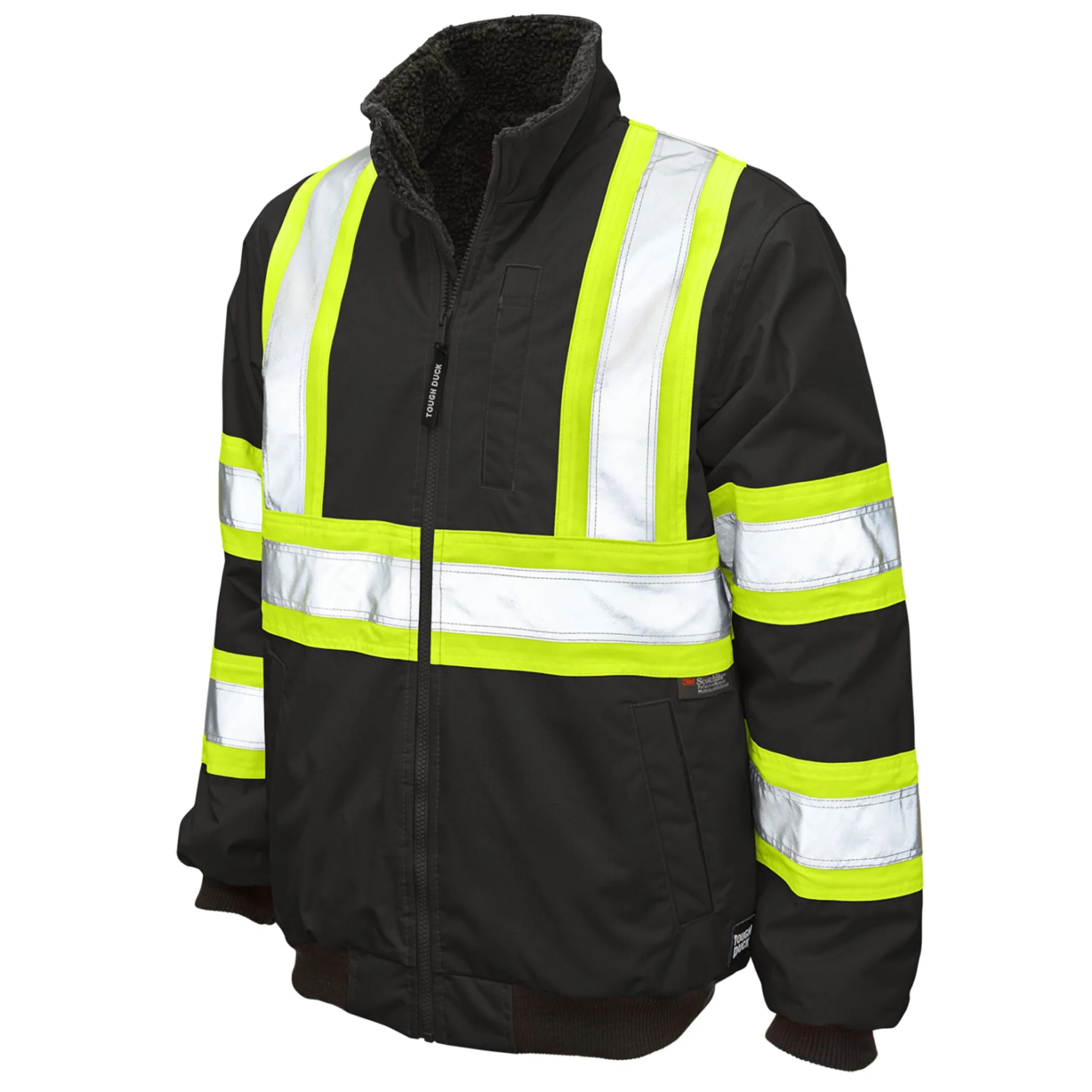 Tough Duck Men's Hi Vis Bomber Jacket SJ26 - CSA Poly 300D Ripstop, Waterproof, Breathable, Sherpa Lined, Reflective, Durable, Multi-Pocket Workwear | Sizes XS-5XL