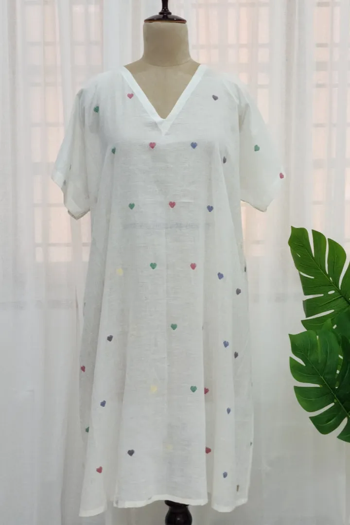 White Boxy V neck jamdani dress-hearts