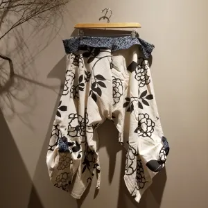 White Flower  Pattern Samurai Pants Waist Tied