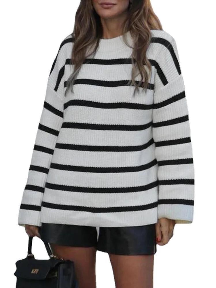 Women Black and White Striped O-Neck Casual Loose Fit Preppy Sweasters