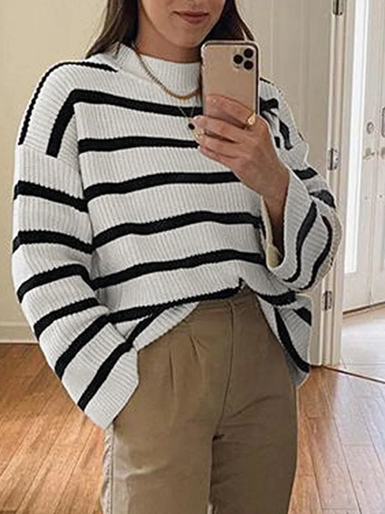 Women Black and White Striped O-Neck Casual Loose Fit Preppy Sweasters