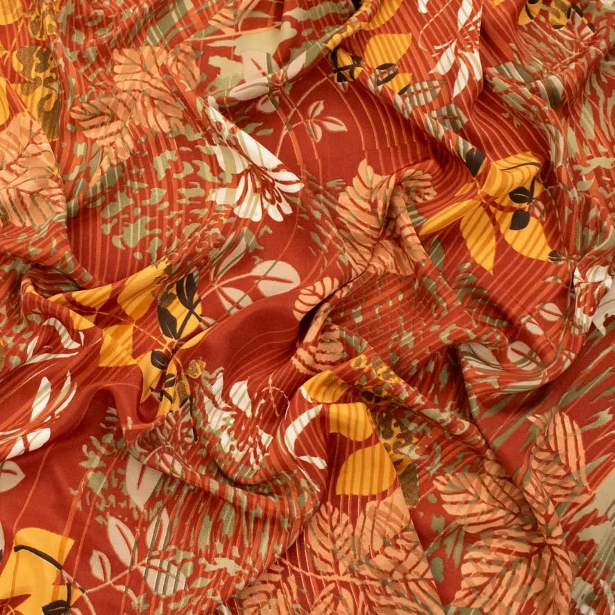 Yellow Leaves on Orange Printed Soft Crepe