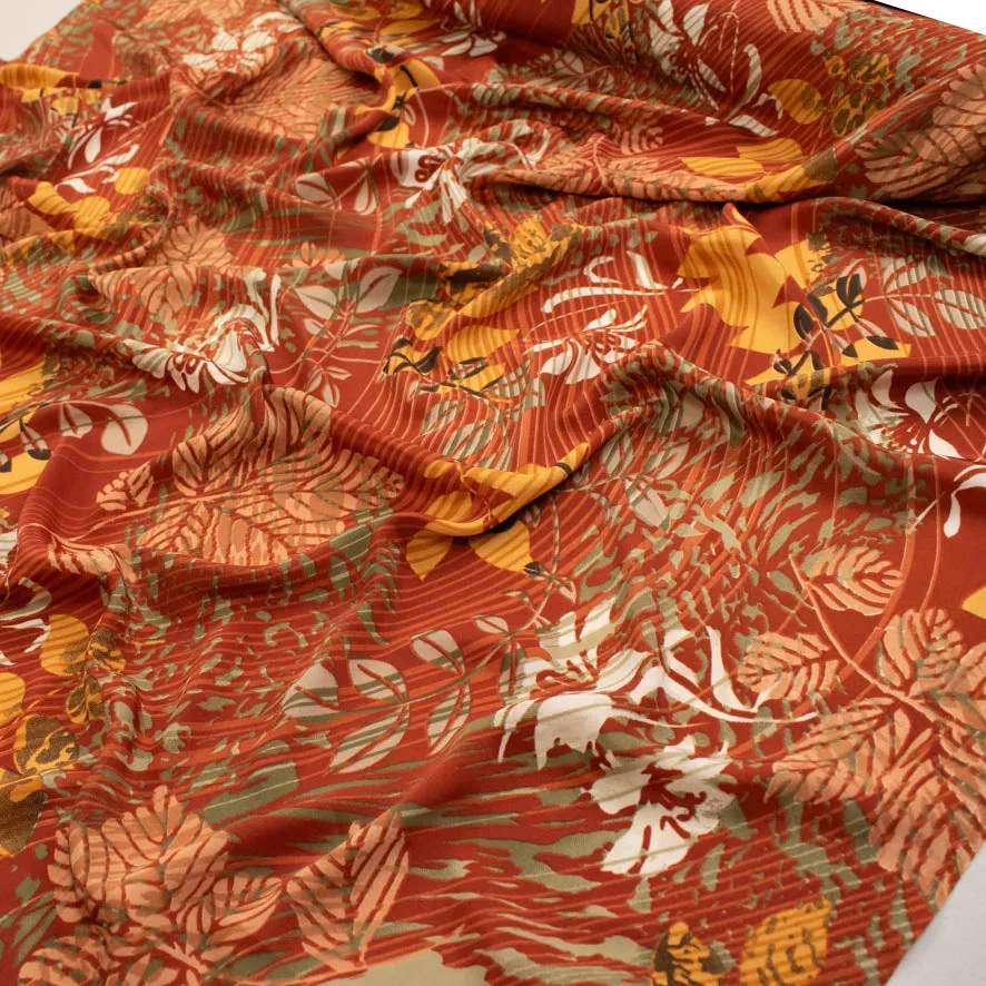 Yellow Leaves on Orange Printed Soft Crepe